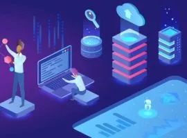 Dua orang menganalisis dan mengumpulkan data yang disediakan melalui platform data pelanggan. Data ditampilkan di cloud, di laptop, di tumpukan server, dan spreadsheet. Lapisan data menciptakan profil pelanggan yang kaya, yang memperkuat kinerja dan tindakan prediktif robot yang mewakili AI dan ML. CDP