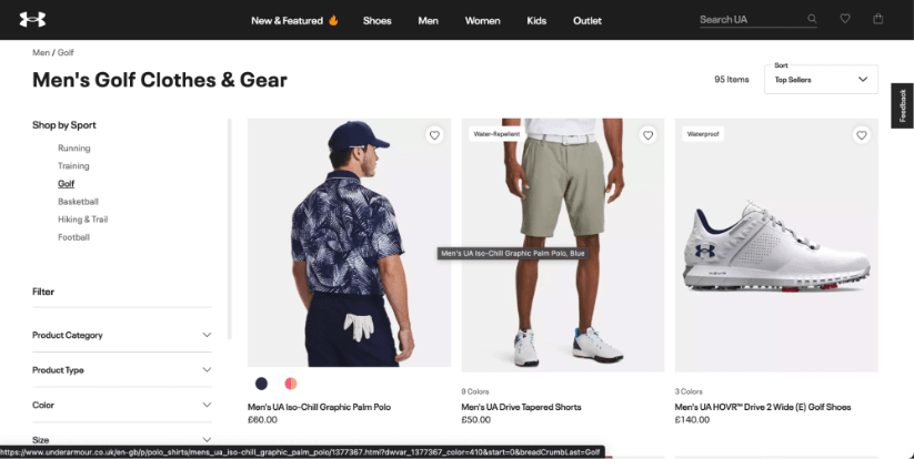 Páginas de lista de productos de Under Armour para ropa y equipo de golf.