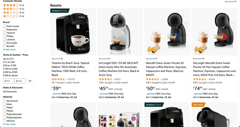 Página de listado de productos de Amazon para 'Máquina de cápsulas de café'.