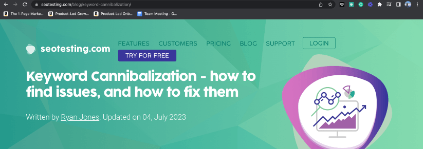 Antetul articolului de pe blogul SEOTesting despre canibalizarea cuvintelor cheie.