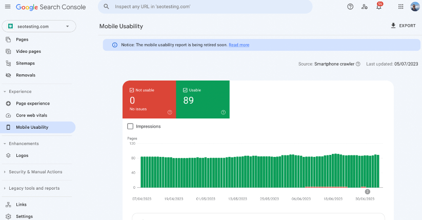 Raport de utilizare mobilă pe Google Search Console.