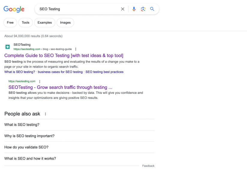 Căutare Google pentru testare SEO pentru interogări.