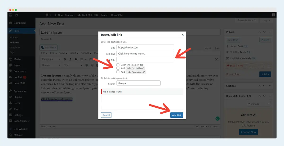 add hyperlink, add hyperlink in wordpress, add link, add link in wordpress, add link to wordpress