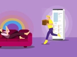 illustrazione di una donna con un telefono cellulare sdraiata su un divano e un fattorino che si avvicina con un pacco, che rappresenta il commercio in abbonamento. Illustration einer Frau mit einem Mobiltelefon, die auf einem Sofa liegt, und einem Zusteller, der sich mit einem Paket nahert, was Personalisierung im Handel darstellen soll.