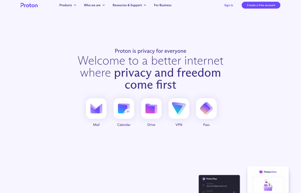 ProtonMail Webページのスクリーンショット