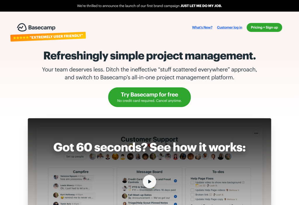 Zrzut ekranu strony internetowej Basecamp