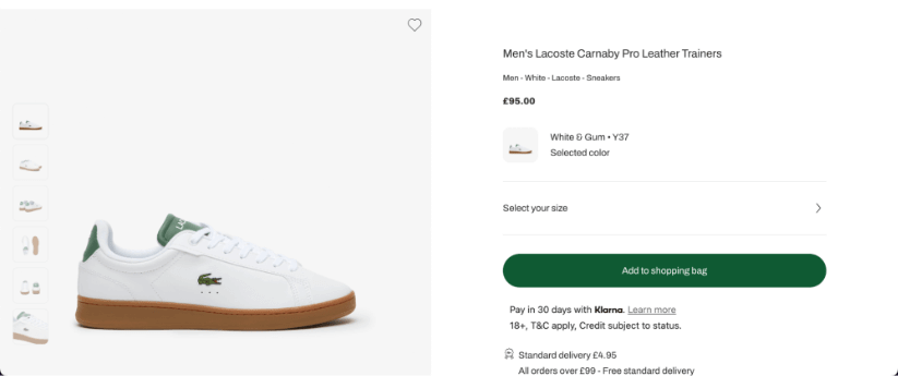 Página de exibição de produtos de sapatos Lacoste.