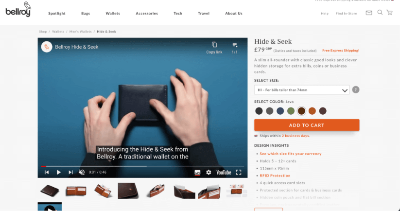 Página de exibição do produto Bellroy usando um vídeo.