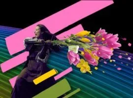 Donna che brandisce fiori come cavaliere medievale su sfondo luminoso al neon, che rappresenta un divieto di TikTok.