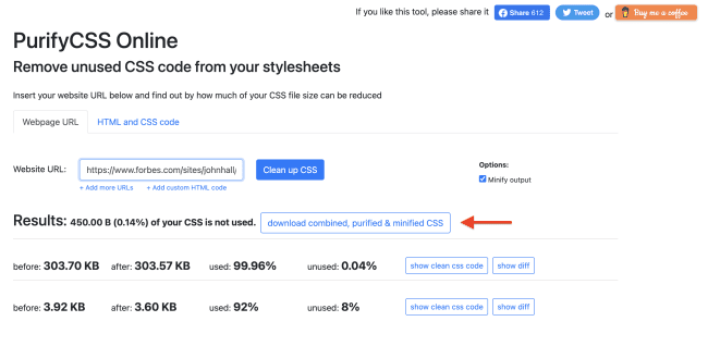 La herramienta PurfyCSS elimina el código CSS no utilizado