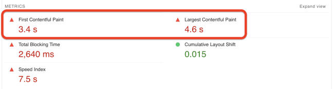 Métricas vitales de FCP y LCP Core Web fallidas en el informe PSI de Google