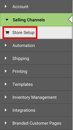 Selecciones de la página de configuración, con un contorno marcado alrededor de la opción Configuración de tienda de canales de venta.