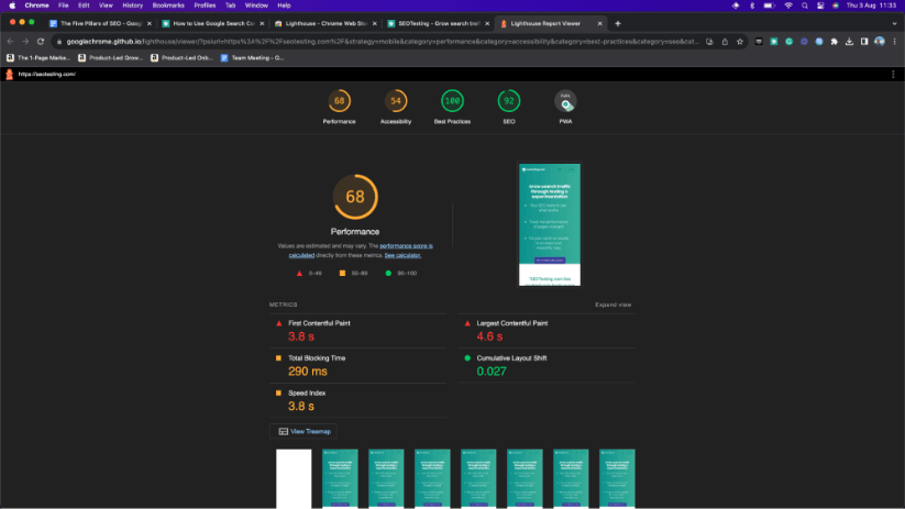 รายงาน Google Lighthouse สำหรับ SEOTesting.com