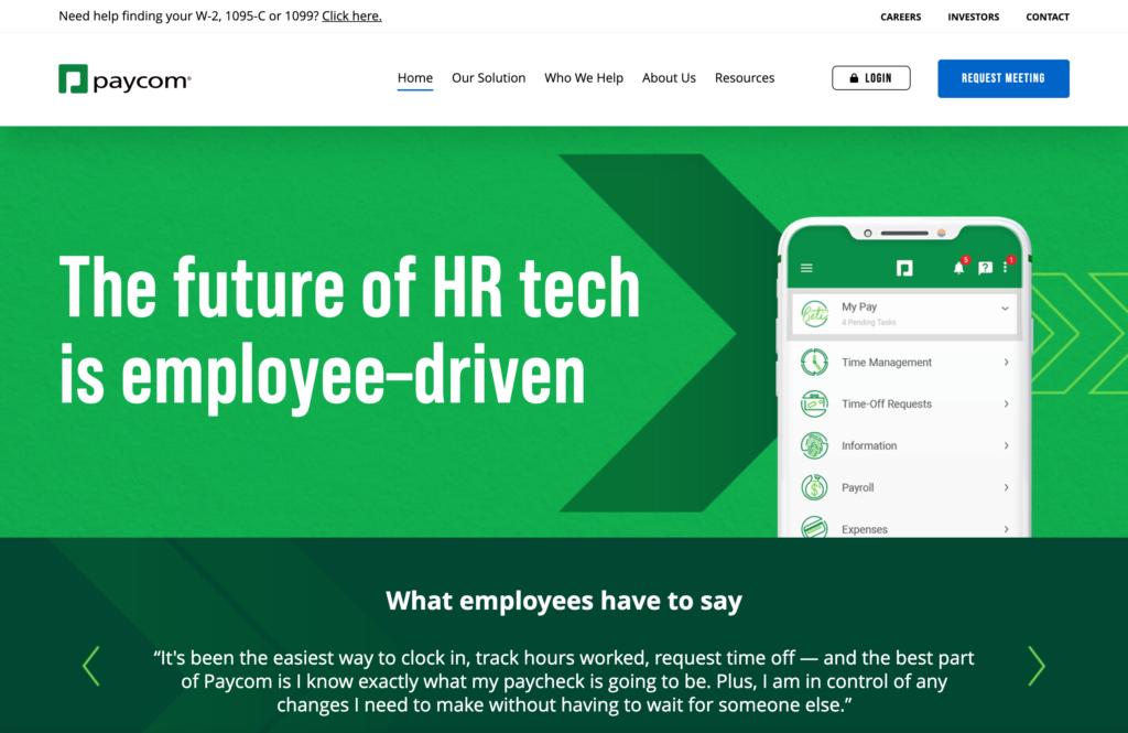 Screenshot della pagina Web di Paycom
