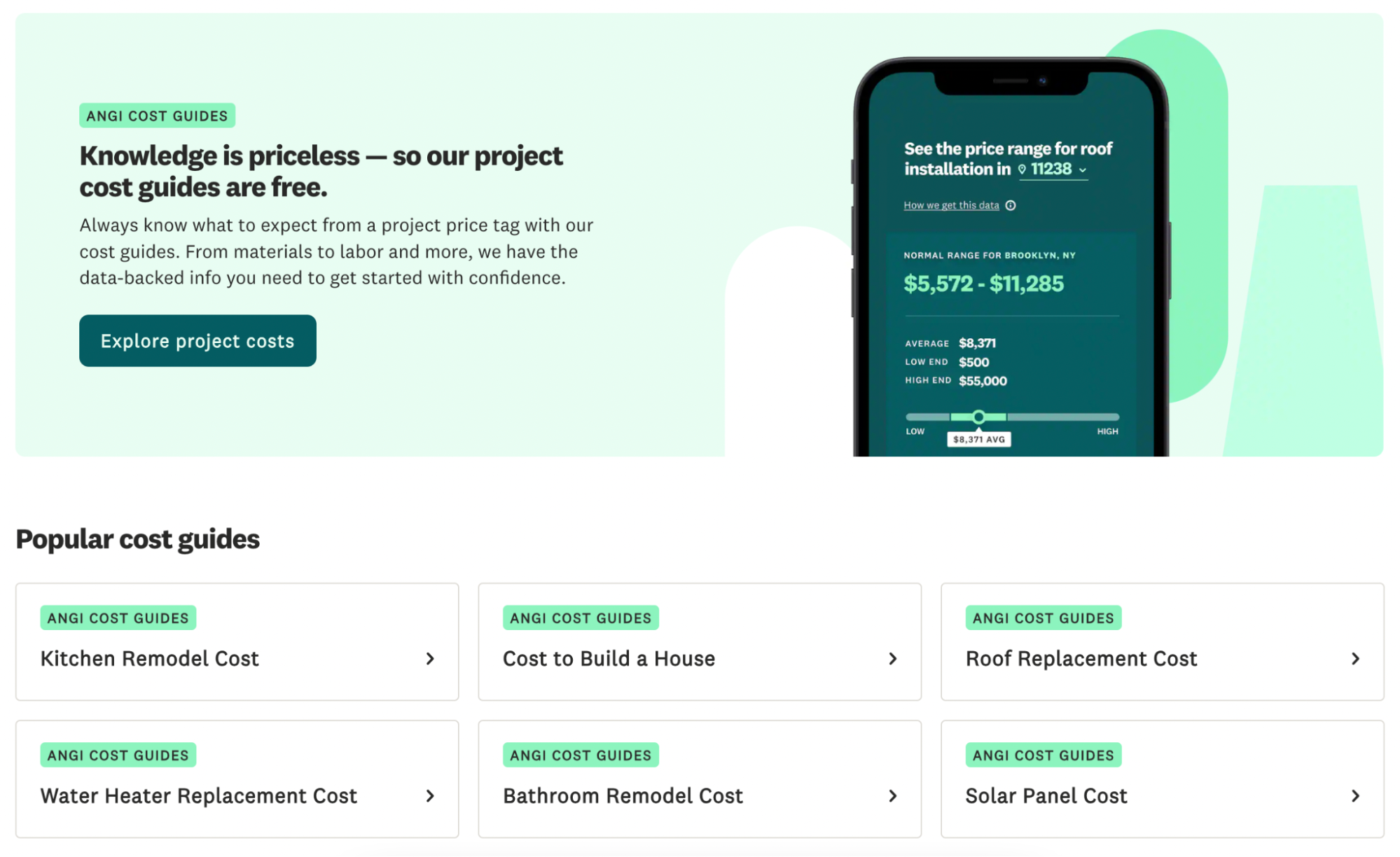 La página de inicio de Angi presenta guías de costos populares