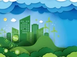 O ilustrare a unui peisaj urban verde cu un cer albastru și iconografie energetică reprezentând modul în care norul ajută companiile să-și atingă obiectivele de sustenabilitate.