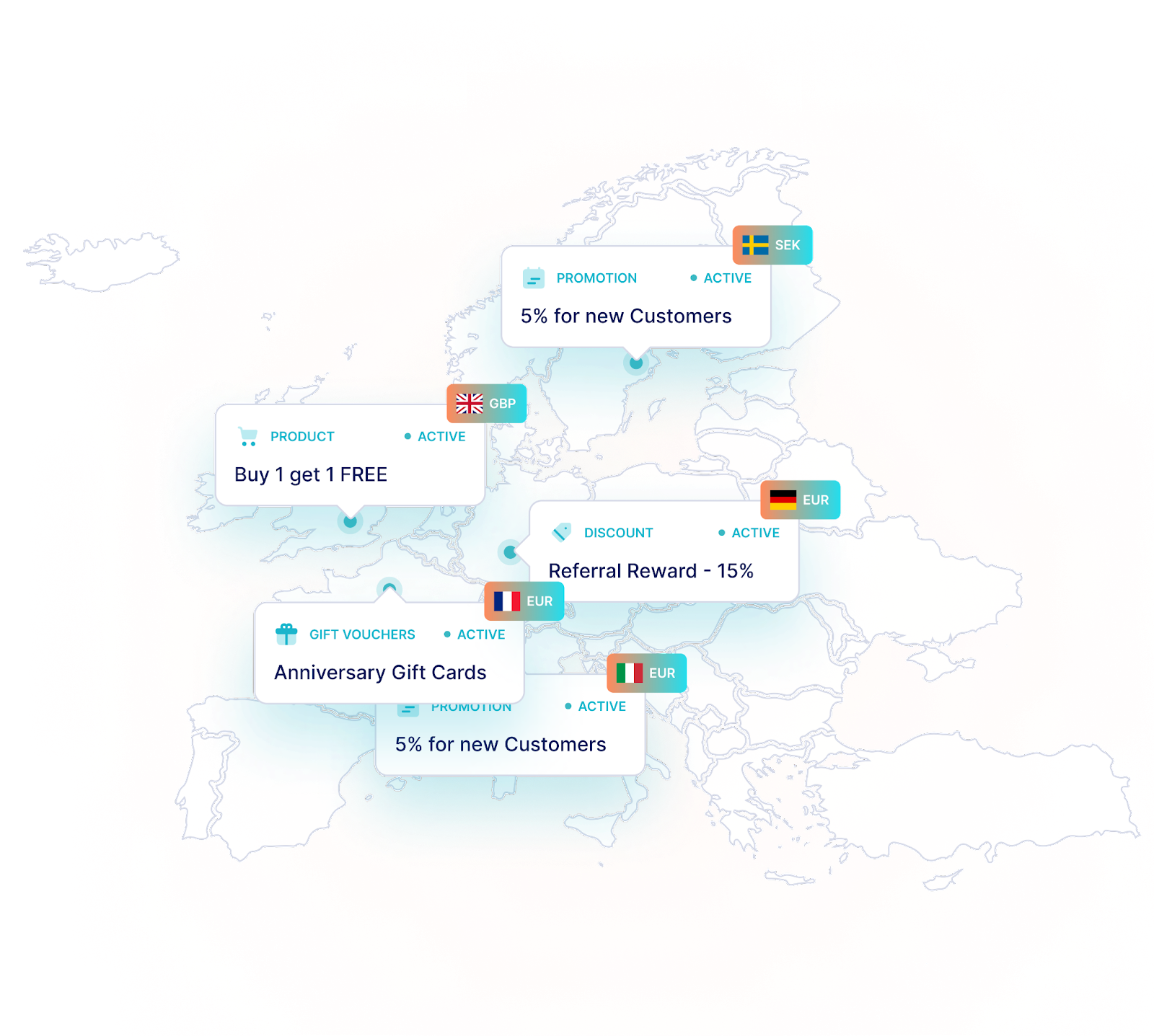 Mapa do mundo: Geofencing de promoção realizado com Voucherify