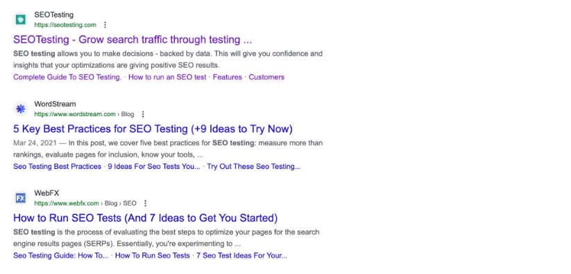 SERP Google pentru interogarea „Testare SEO”.