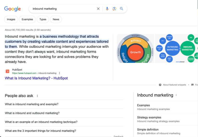 SERP Google pentru interogarea „inbound marketing”.