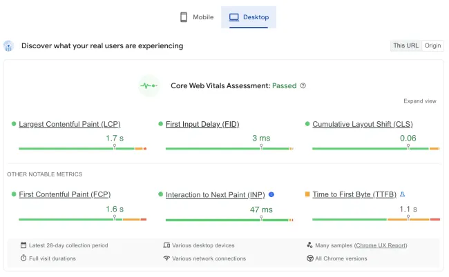 Evaluación de Core Web Vitals aprobada