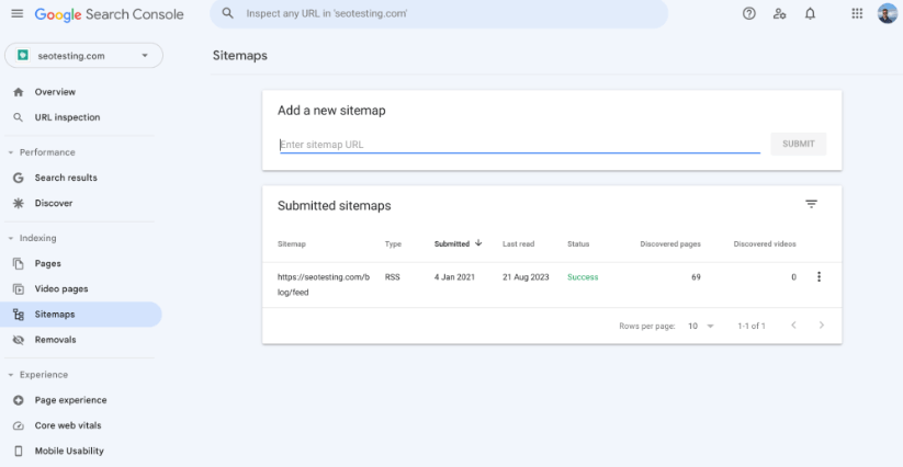 Pestaña Mapas de sitio de Google Search Console.