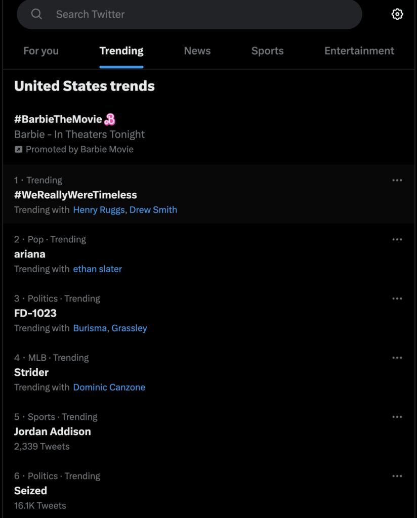 Die Trendseite von Twitter (X) mit Fleischbällchen-Symbolen zu jedem Trendthema