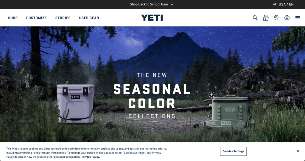 Yeti-Homepage mit Hamburger-Symbol oben rechts