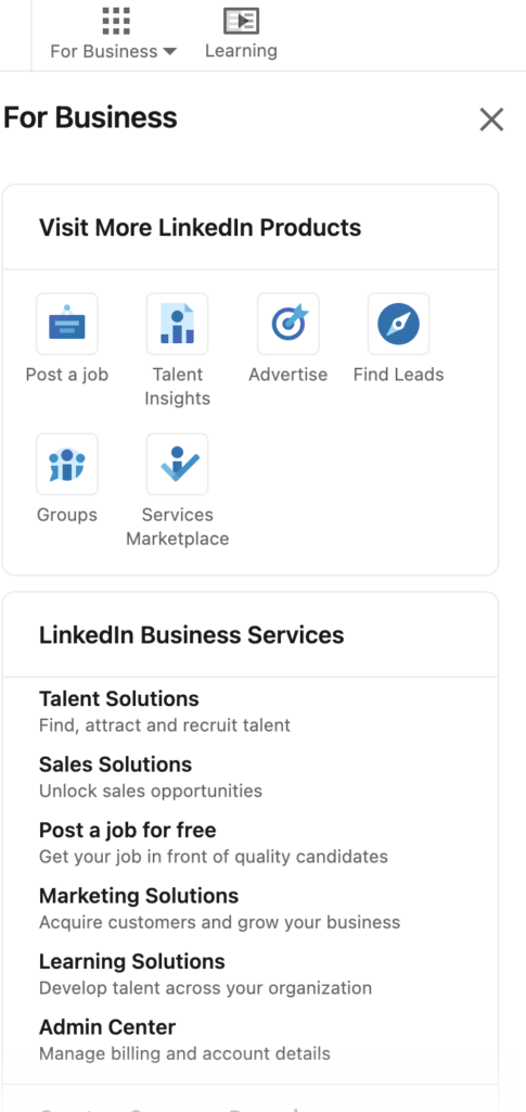 Das Bento-Symbol „For Business“ von LinkedIn oben rechts auf der Seite