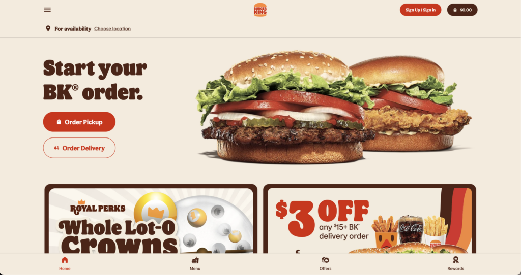 Startseite von Burger King mit Hamburger-Symbol oben links