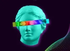 Statua di donna con occhiali arcobaleno su uno sfondo di punti dati, che rappresenta l'esperienza cliente intelligente o la CX intelligente.