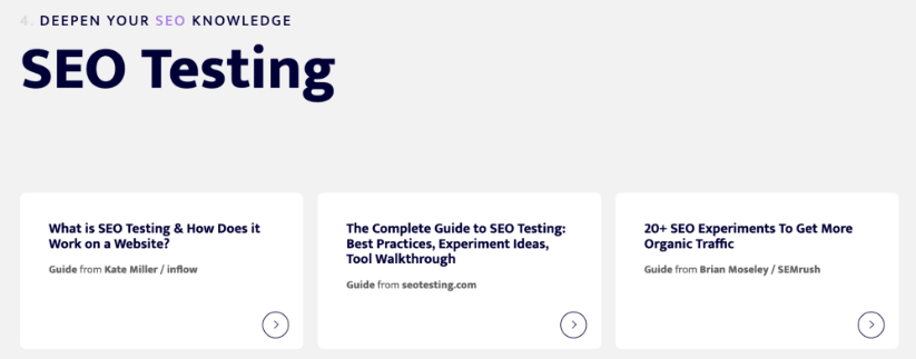 Seção do site Learningseo.io sobre testes de SEO.