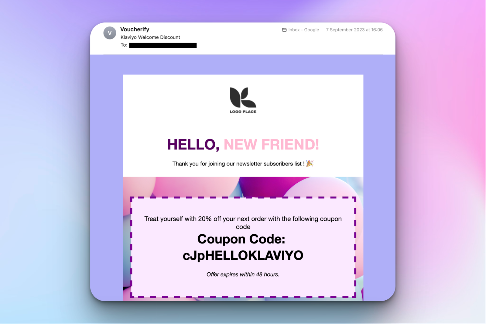 Voucherify ve Klaviyo entegrasyonu aracılığıyla gönderilen kişiselleştirilmiş kupon