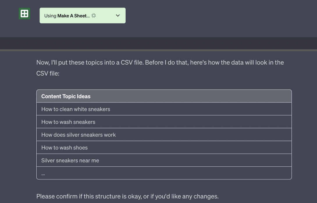 Chat GPT, CSV dosyasındaki içerik önerilerini düzenlemek için bir yapı önerir