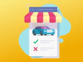 Magasin automobile mobile, avec un auvent sur un téléphone mobile, représentant les possibilités de commerce électronique du marché secondaire de l'automobile.