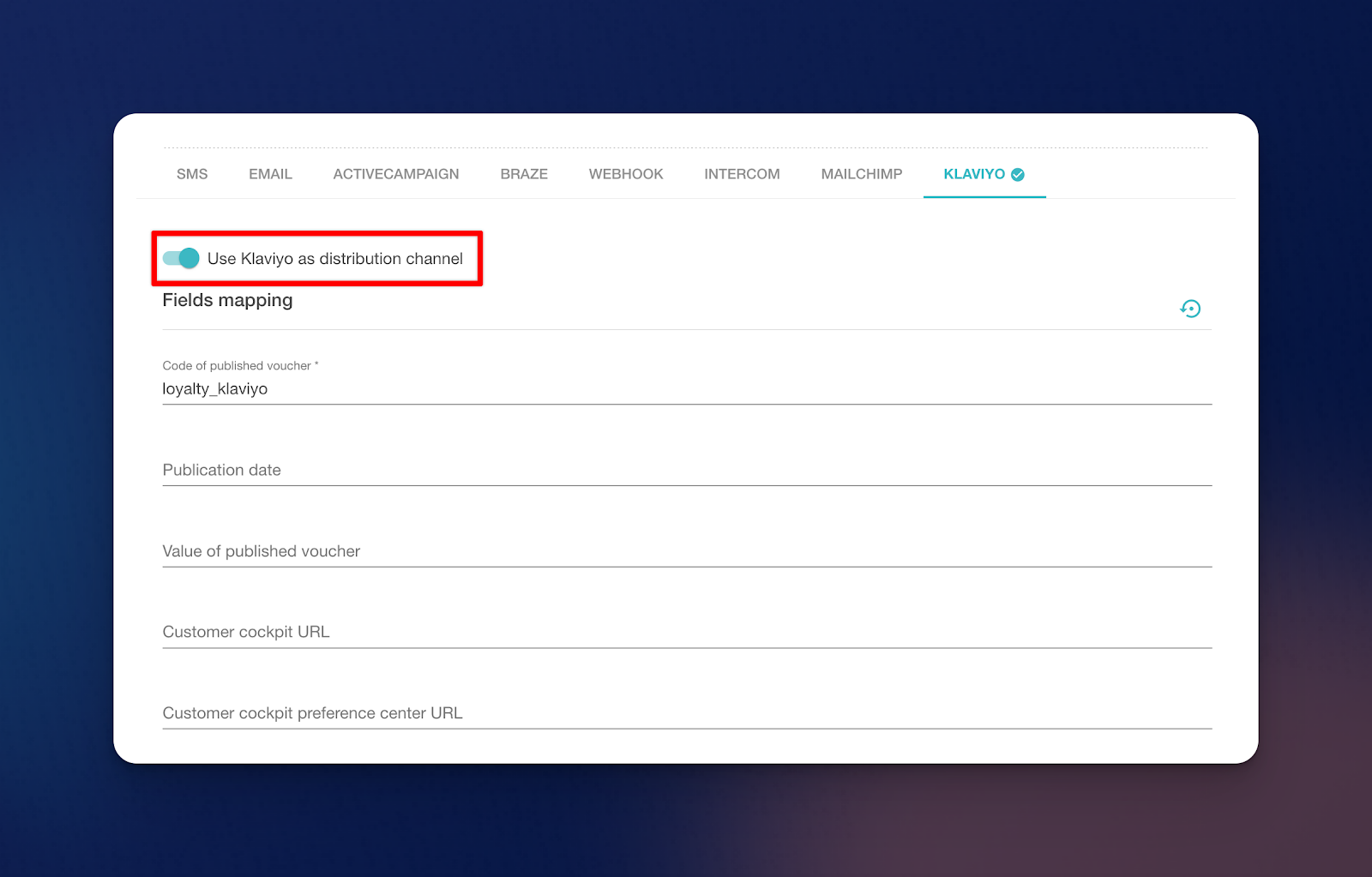 Tableau de bord Voucherify : configuration de Klaviyo comme canal de distribution