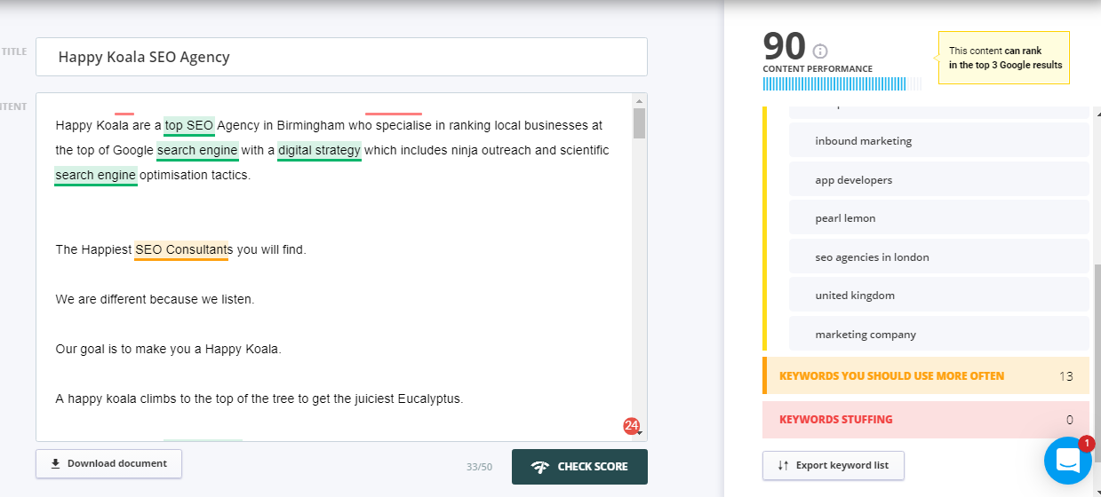 Pontuação 90 em SEO cognitivo