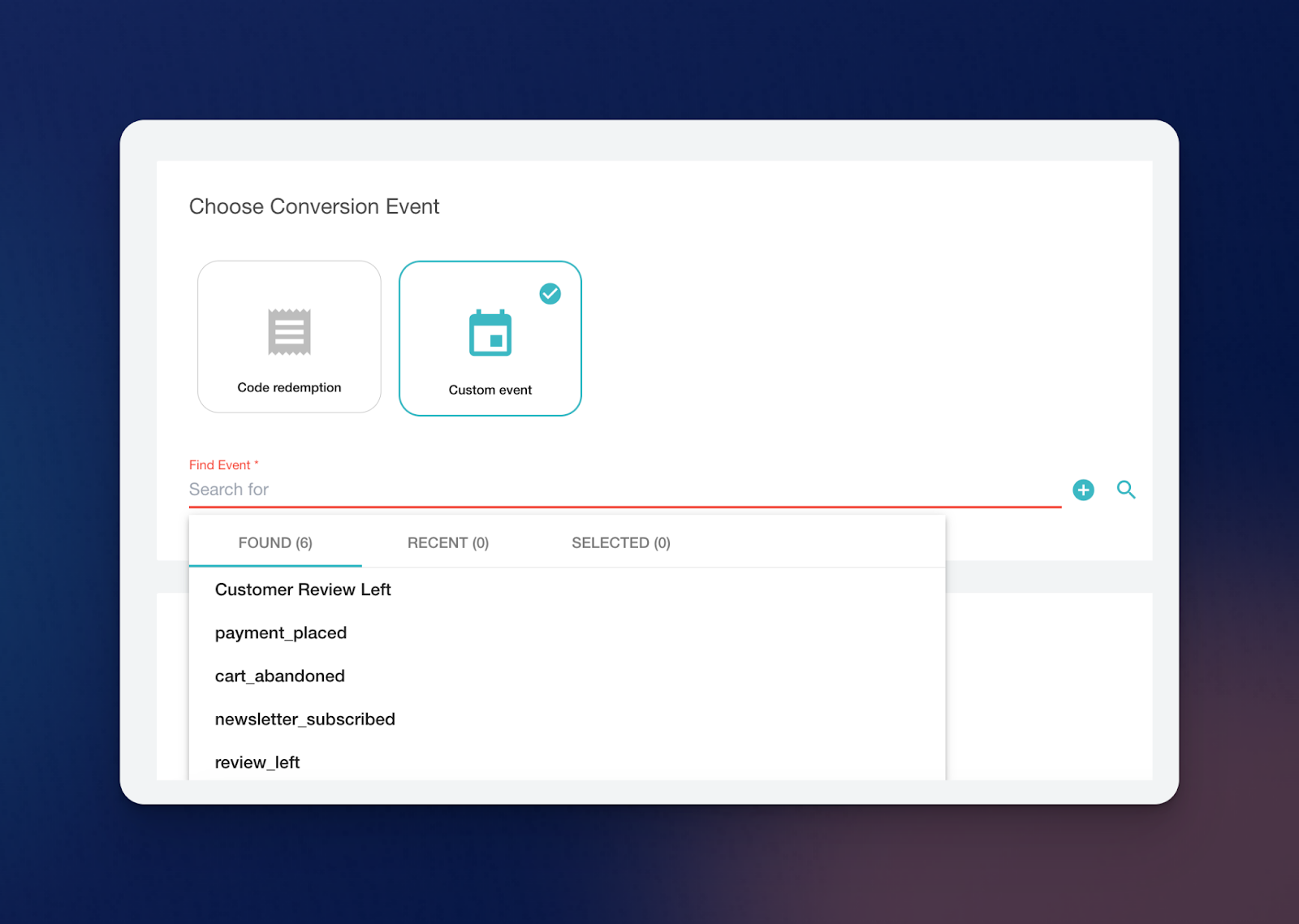 Tableau de bord Voucherify : Choisir l'événement de conversion lors de l'établissement d'un programme de parrainage Klaviyo