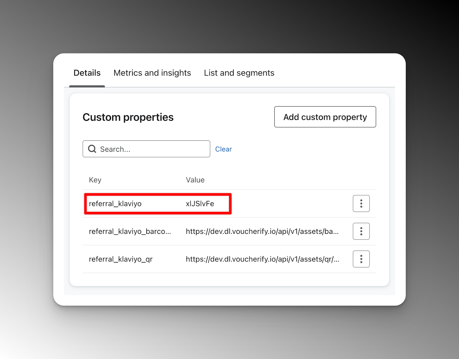 Painel Klaviyo – exemplo de mapeamento de campo