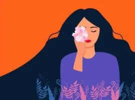 Illustration einer jungen Frau mit langen schwarzen Haaren, die eine Blume über ein Auge hält und personalisierte Einkaufserlebnisse vermittelt