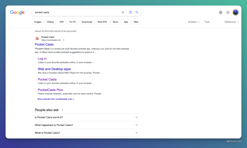 Google SERP para a consulta 'Pocket Casts'.