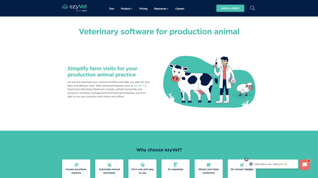 Uno screenshot del sito web del software veterinario ezyVet, che mostra l'immagine di un veterinario, una mucca e una pecora sorridenti.