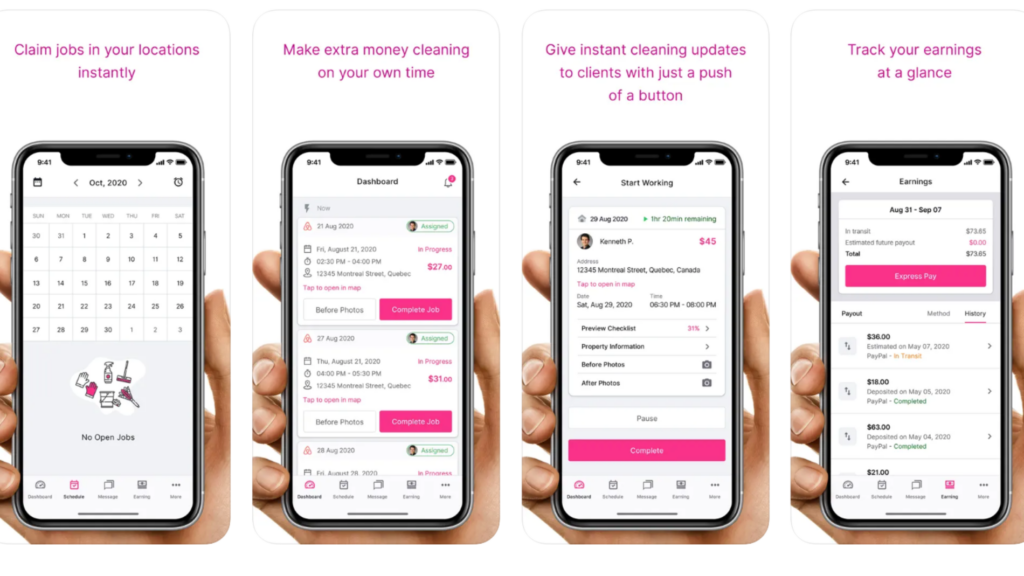 Uma foto de 4 smartphones exibindo a interface do aplicativo CleansterPro. Da esquerda para a direita, mostram um calendário, um painel com tarefas e prazos, informações sobre um trabalho e ganhos de um indivíduo.