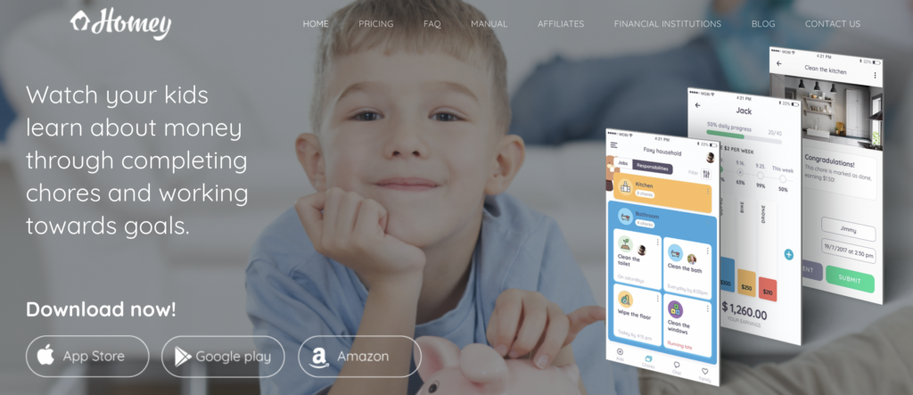 Page d'accueil du site Web de l'application Homey. Les images incluent un petit garçon et 3 captures d'écran provenant de l'application. Le texte sur la page dit : « Regardez vos enfants en apprendre davantage sur l'argent en accomplissant des tâches ménagères et en atteignant leurs objectifs. »