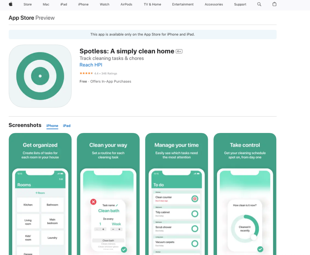 Impecable página de descarga en la App Store de Apple. Las imágenes incluyen el logotipo verde de Spotless con 4 capturas de pantalla del producto debajo. Las capturas de pantalla muestran 4 características del producto: organización de tareas, tareas/rutinas recurrentes, seguimiento de tareas y actualizaciones de tareas.