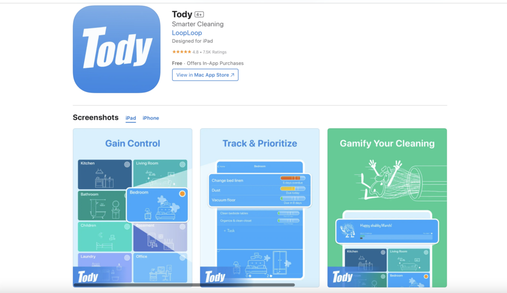 Apple App Store 上的 Tody 應用程式下載頁面的圖片，包括頂部的應用程式標誌以及下面的 3 個應用程式螢幕截圖。應用程式螢幕截圖顯示了 Tody 的功能，包括按房間對任務進行分類、追蹤進度和「遊戲化清潔」的能力。