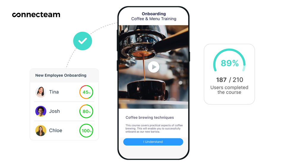 レストラン スタッフ向けのコーヒー & メニュー トレーニング コースを通じた Connecteam のオンボーディング機能を紹介する合成画像。