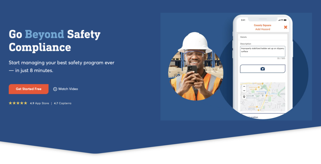 ภาพหน้าจอจากเว็บไซต์ Safesite ที่มีพื้นหลังสีน้ำเงินและข้อความว่า “Go Beyond Safety Compliance เริ่มจัดการโปรแกรมความปลอดภัยที่ดีที่สุดของคุณ—ในเวลาเพียง 8 นาที” ถัดจากข้อความคือรูปถ่ายของคนงานก่อสร้างที่ใช้แอปนี้ โดยมีโทรศัพท์อยู่ในชุดและภาพหน้าจอของแอปที่กำลังรายงานเหตุการณ์อยู่