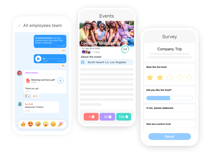 скриншоты функций чата, мероприятий и опросов Connecteam