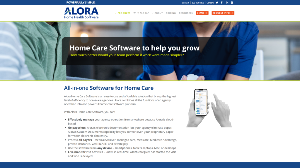 ภาพหน้าจอของเว็บไซต์ Alora Home Health แสดงพยาบาลหญิงกำลังตรวจชายสูงอายุและมีข้อความอธิบายลักษณะของ Alora