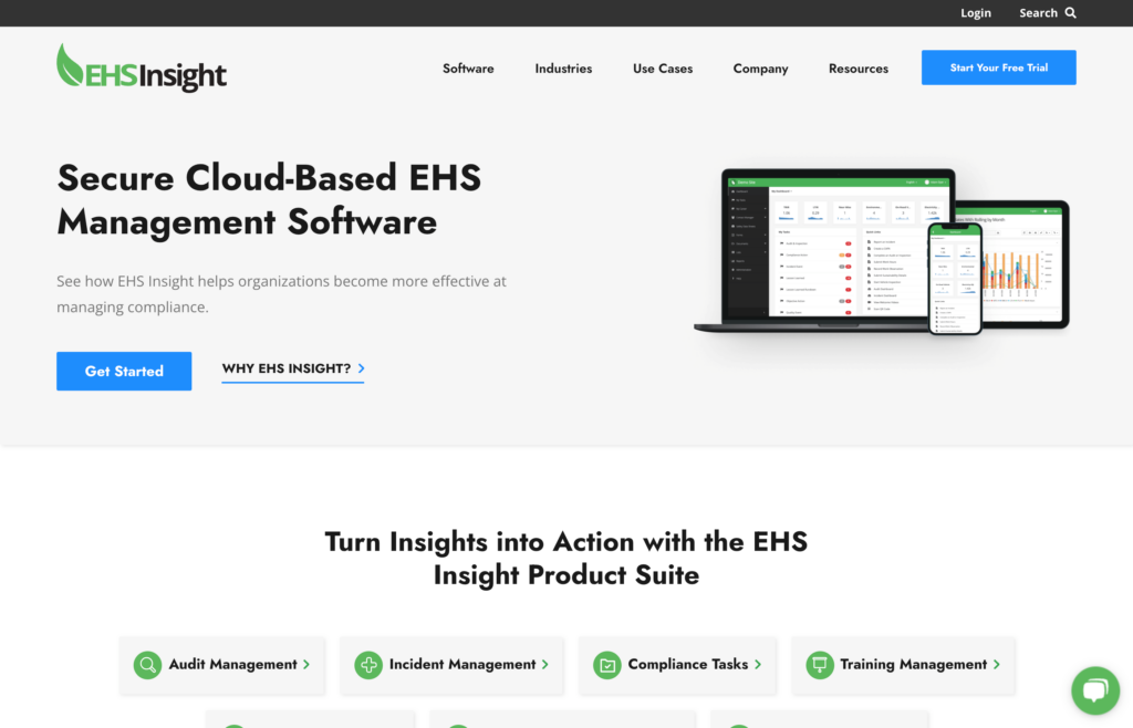 Captură de ecran a paginii web EHS Insight